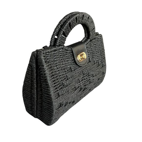 Forever 21 Black Woven Basket Handbag Purse Structured Top Handle Bag Turn Lock - Picture 2 of 10